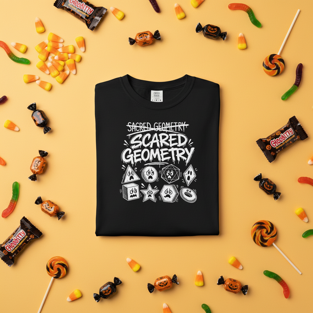 A black short-sleeve crewneck t-shirt featuring a white hand-drawn graphic that reads 'Sacred Geometry' crossed out above 'Scared Geometry' in bold lettering, with spooky-faced dice and geometric shapes below, shown on a plain white background.