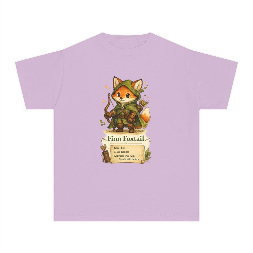 Purple t-shirt with a fox character and 'Finn Foxtail' text on a white background