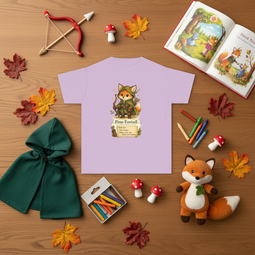 Purple t-shirt with a fox character and 'Finn Foxtail' text on a white background