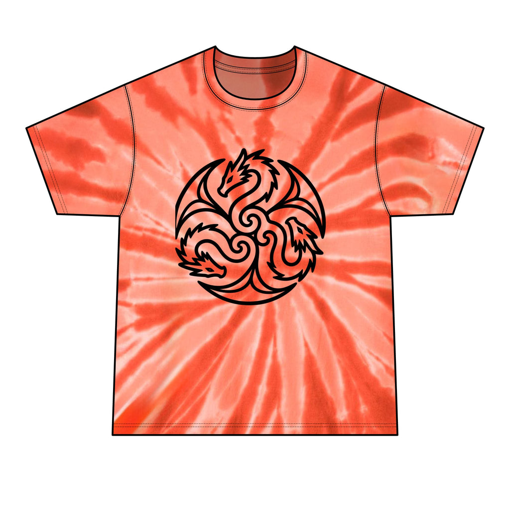 A short-sleeve crewneck t-shirt featuring a vibrant orange and red spiral tie-dye pattern with a black circular dragon graphic printed on the chest, shown against a plain white background.