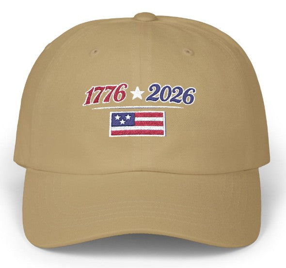 1776-2026 flag embroidered dad cap in khaki, front view