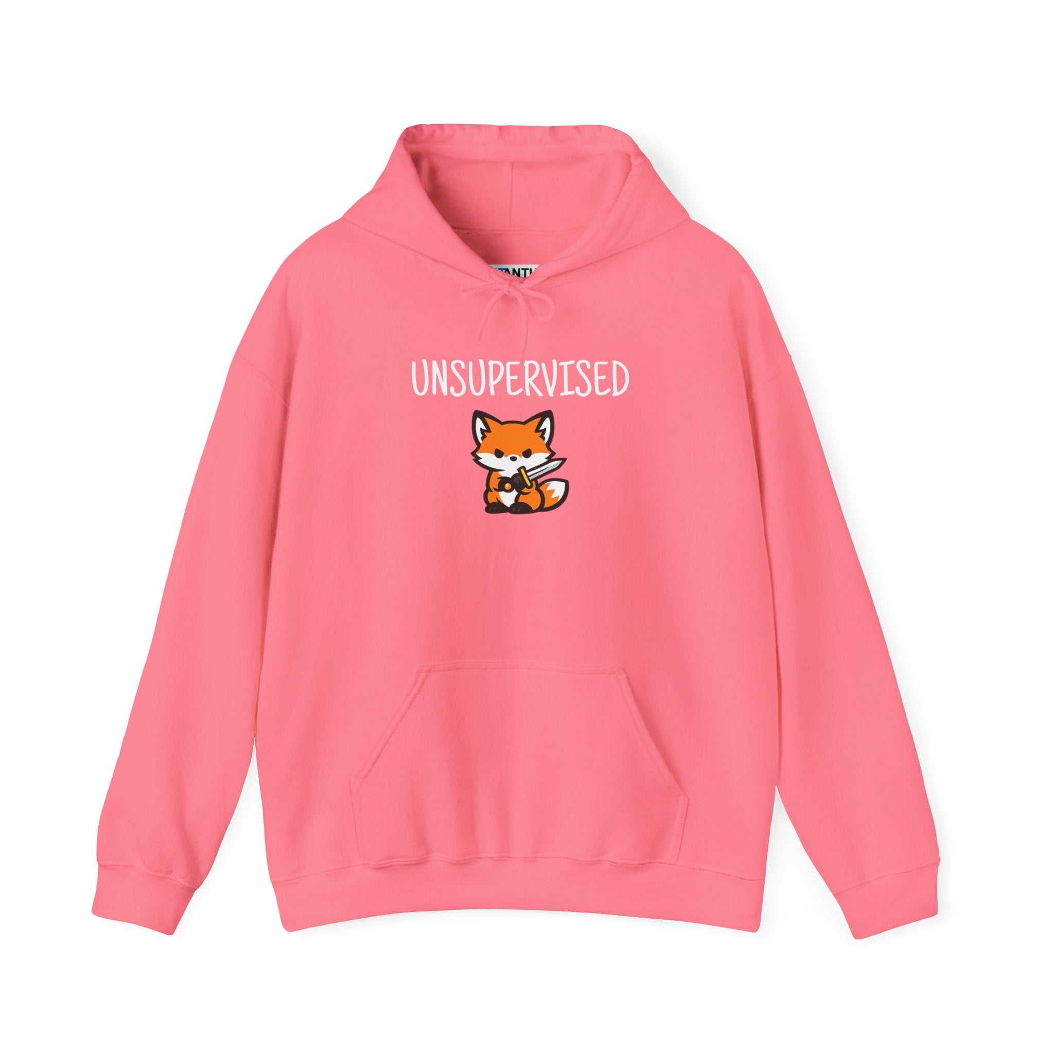 Unsupervised Fox with sword hoodie graphic, detail shot