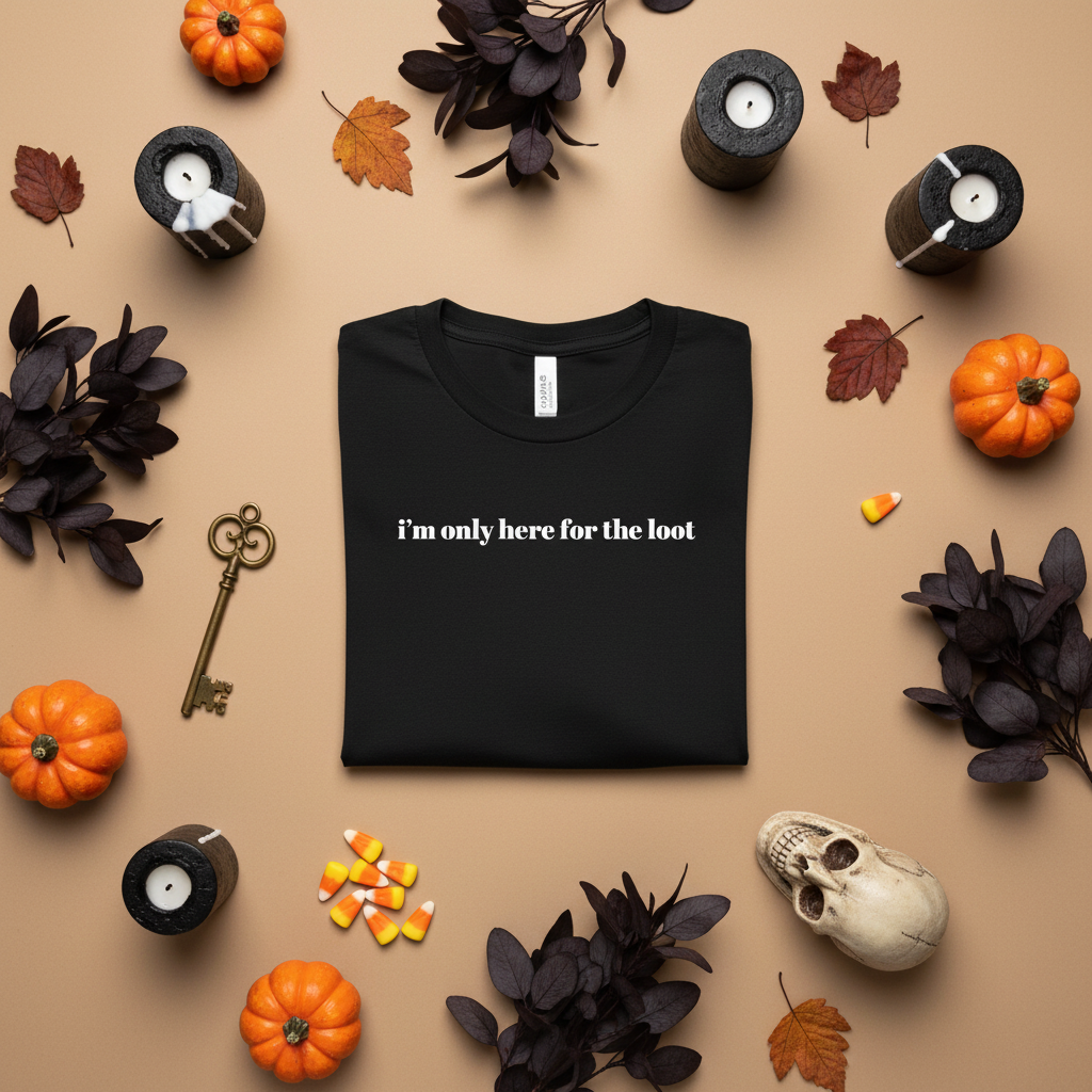 I'm Only Here for the Loot minimal text graphic tee in black, folded flat lay styled with Halloween pumpkins, candles, and a skull