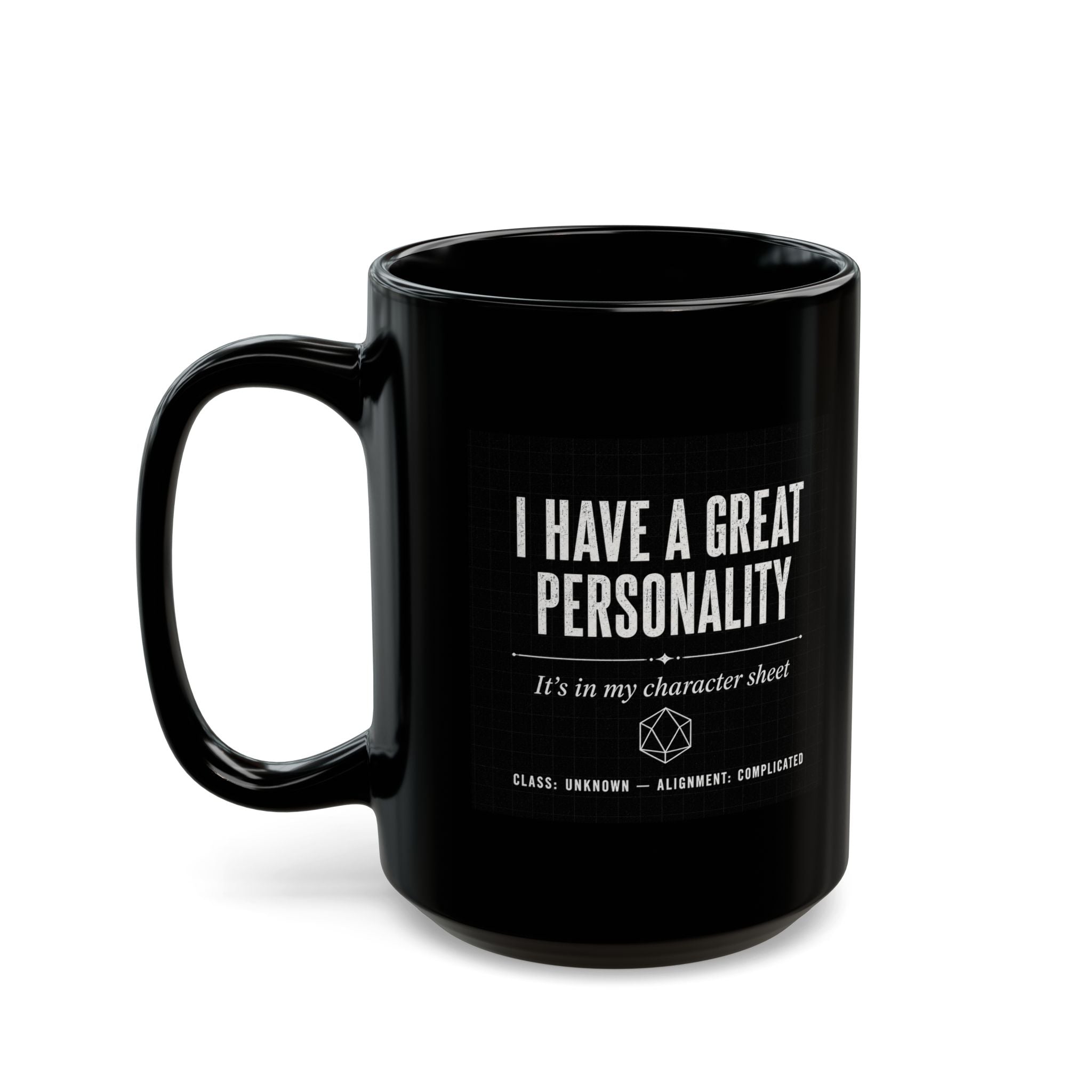 Mug — "I Have a Great Personality" RPG Character Sheet Coffee Mug (Black, 15oz)