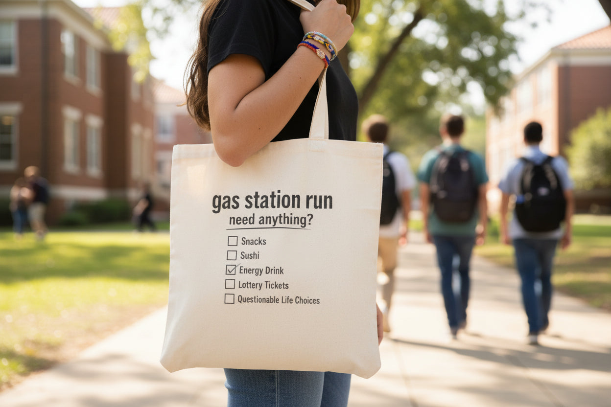 Gas Station Run Checklist Tote Bag | Funny Canvas Shopping Bag - Mutantur Labs LLC