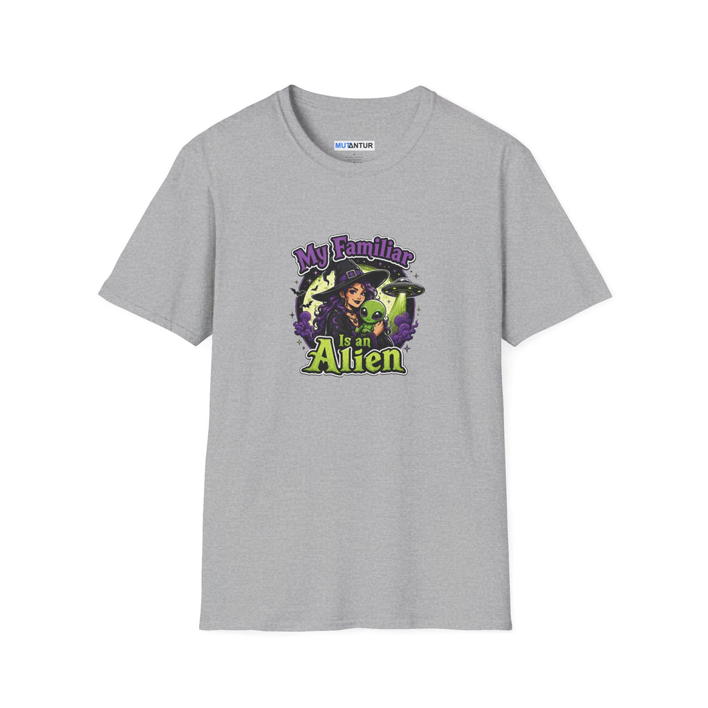 A light gray heather crewneck t-shirt featuring a colorful graphic print on the front with the text 'My Familiar Is an Alien' and an illustration of a witch and a green alien.