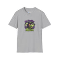 A light gray heather crewneck t-shirt featuring a colorful graphic print on the front with the text 'My Familiar Is an Alien' and an illustration of a witch and a green alien.