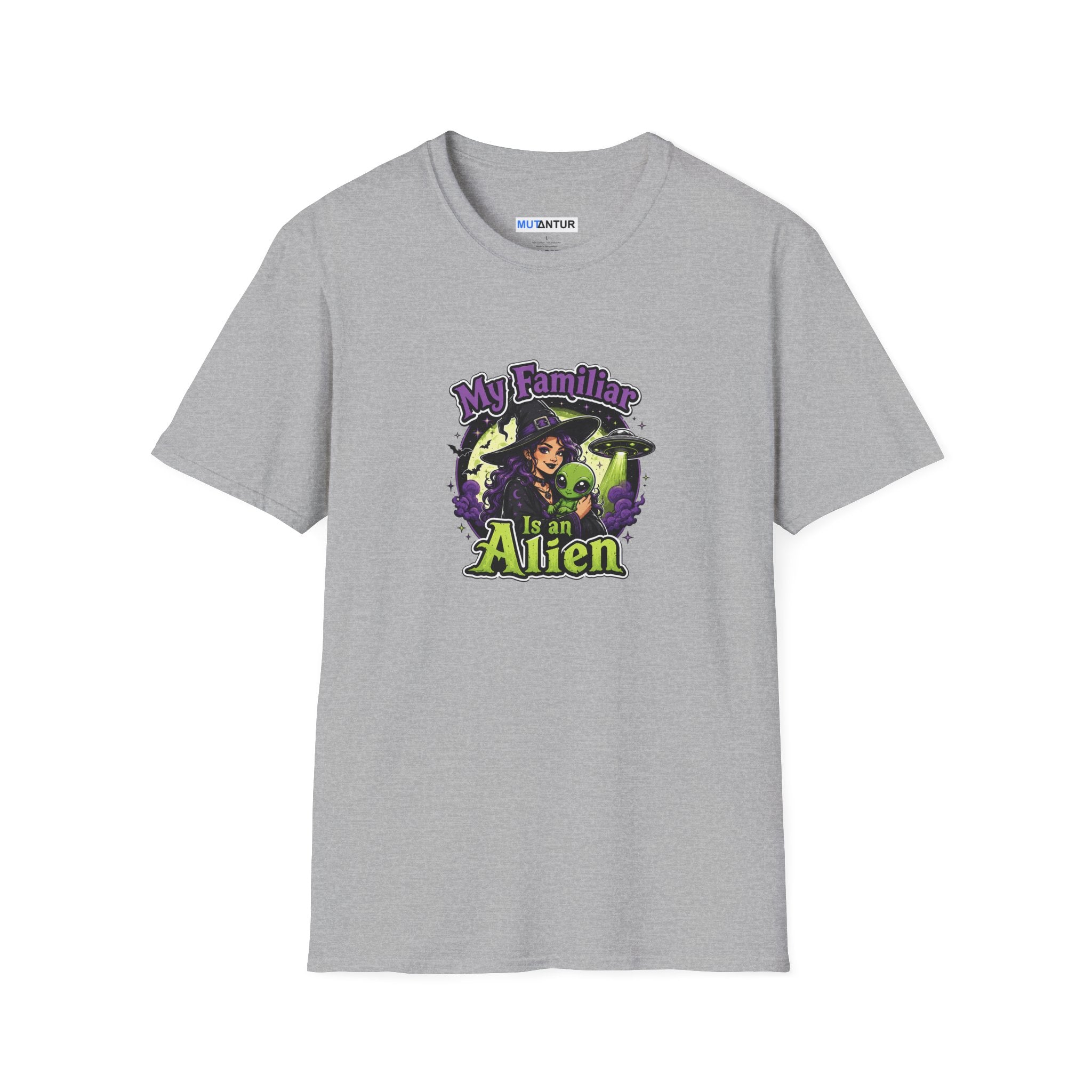 A light gray heather crewneck t-shirt featuring a colorful graphic print on the front with the text 'My Familiar Is an Alien' and an illustration of a witch and a green alien.