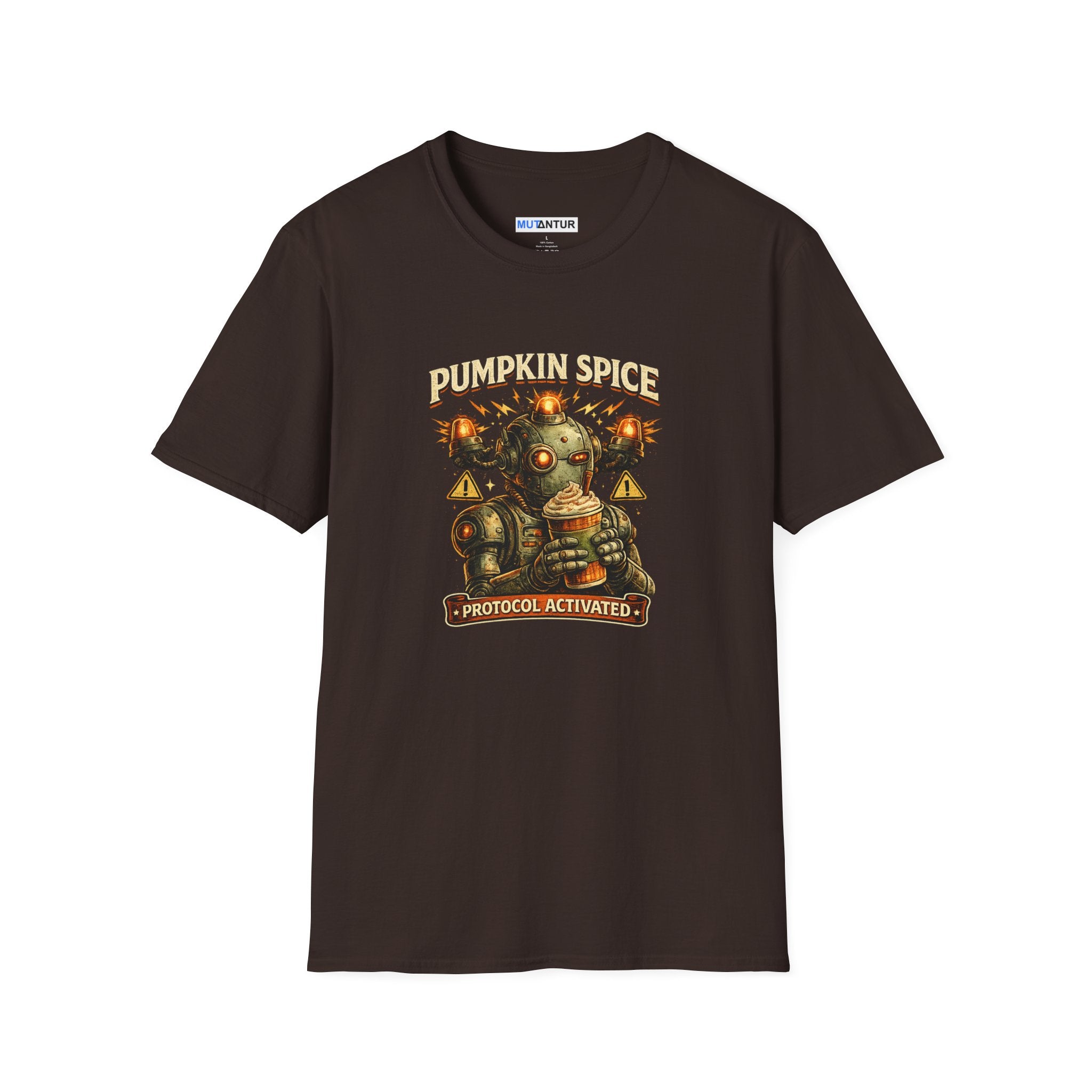 An brown short-sleeve crewneck t-shirt featuring a retro graphic of a steampunk robot with the text 'PUMPKIN SPICE' and 'PROTOCOL ACTIVATED'.