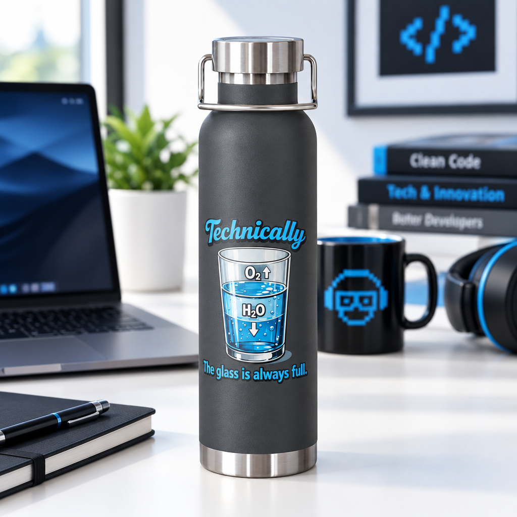 A matte black insulated water bottle with a stainless steel lid and base, standing on a desk. The bottle has a printed graphic with the word 'Technically' in blue, a glass of water labeled O2 and H2O, and the phrase 'The glass is always full.
