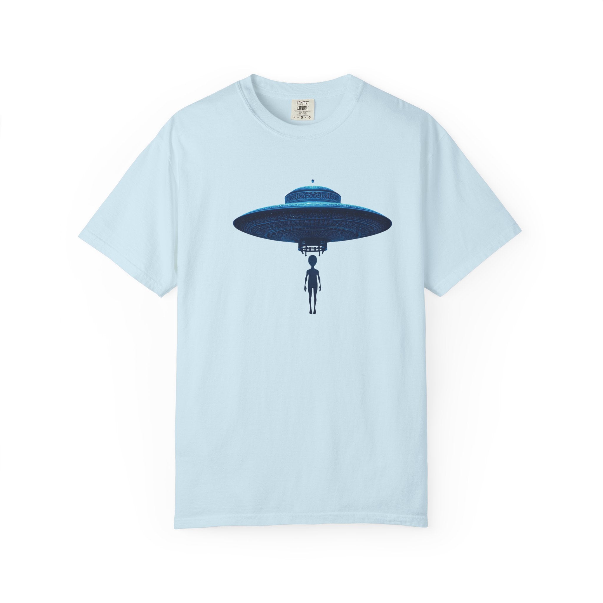 UFO Abduction T-shirt | Minimal Alien Spaceship blue chinoiserie Graphic - Mutantur Labs LLC