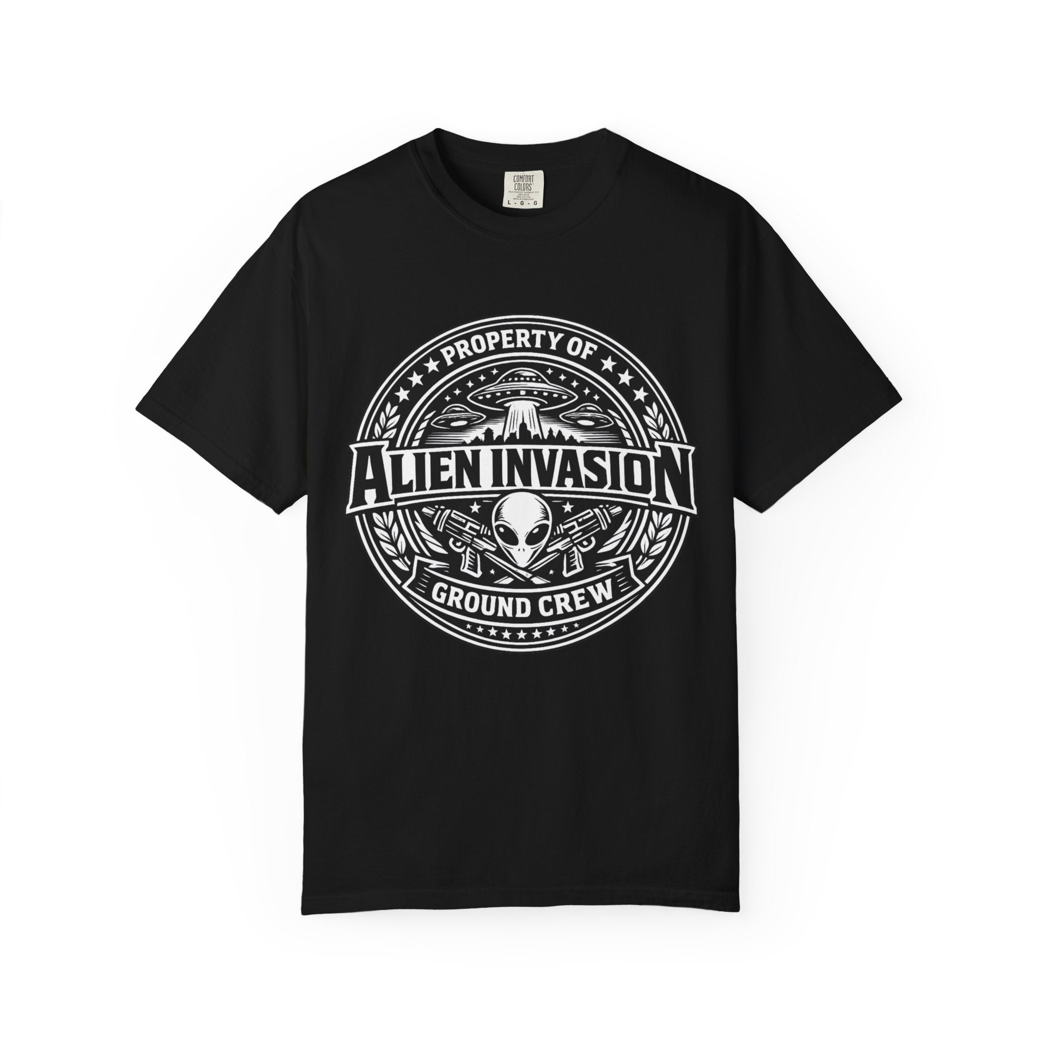 Alien Invasion Ground Crew T-Shirt | UFO Badge Graphic, Comfort Colors tee - Mutantur Labs LLC