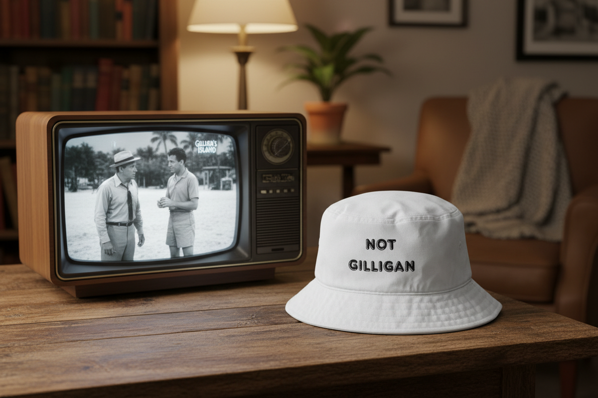 Not Gilligan embroidered bucket hat, funny retro design, front view