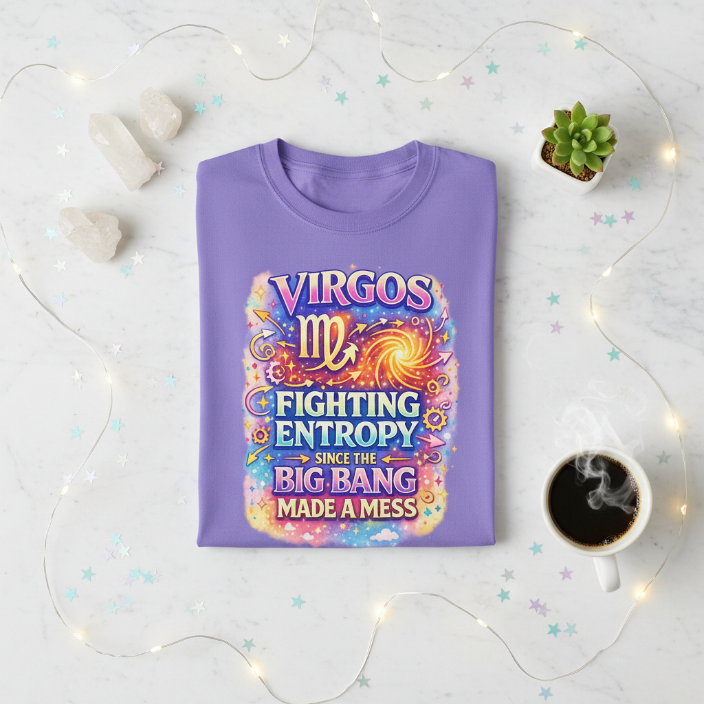 Virgos Fighting Entropy Since the Big Bang Made a Mess t-shirt, size chart reference