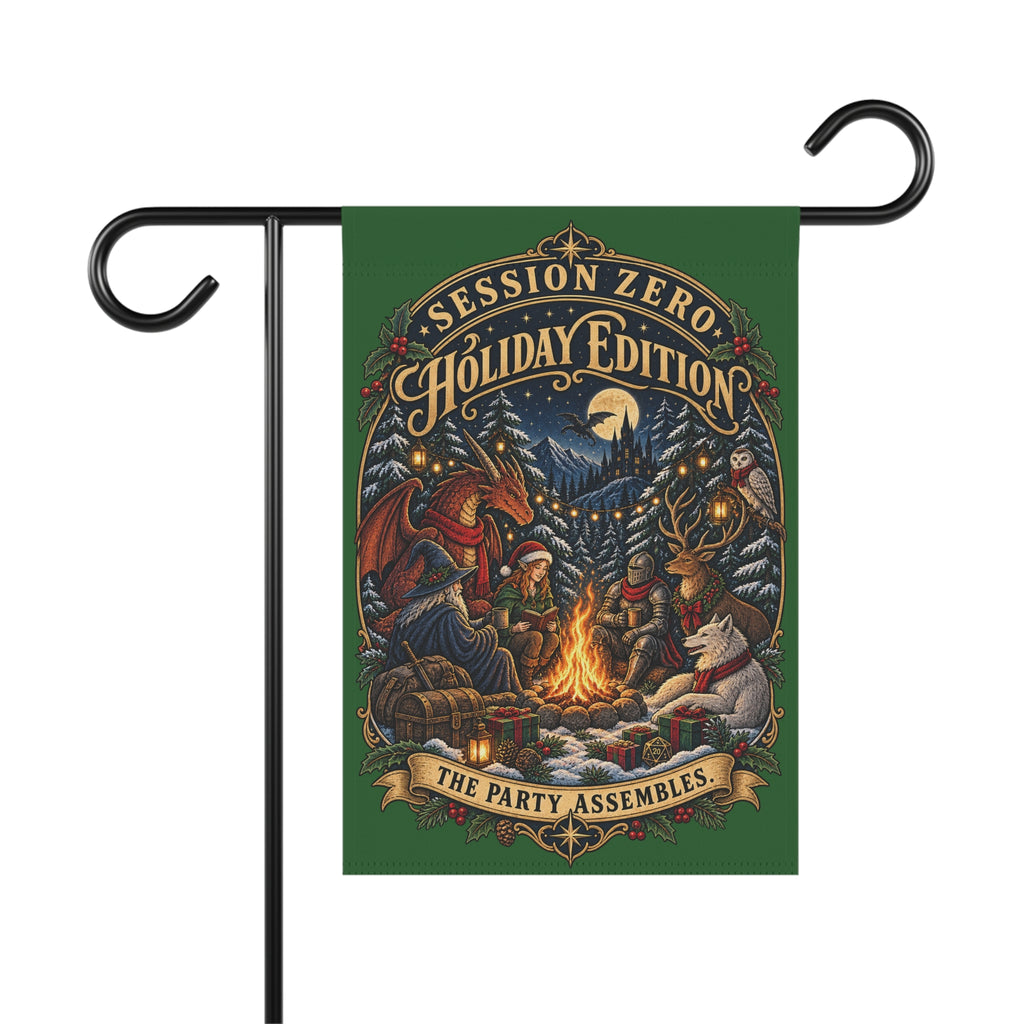A vertical garden flag on a black metal stand, featuring a dark green background and an illustrated holiday scene with a campfire, deer, owl, and text reading 'Session Zero Holiday Edition' and 'The Party Assembles'.