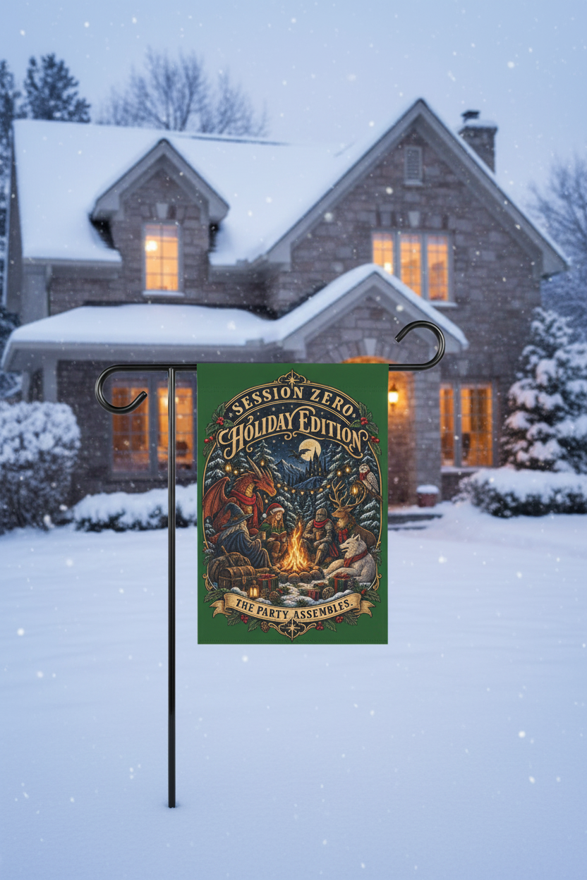 A decorative garden flag hanging from a black metal stand in a snowy front yard. The flag features a dark green background with an illustrated holiday camp scene and the text 'Session Zero Holiday Edition' and 'The Party Starts.