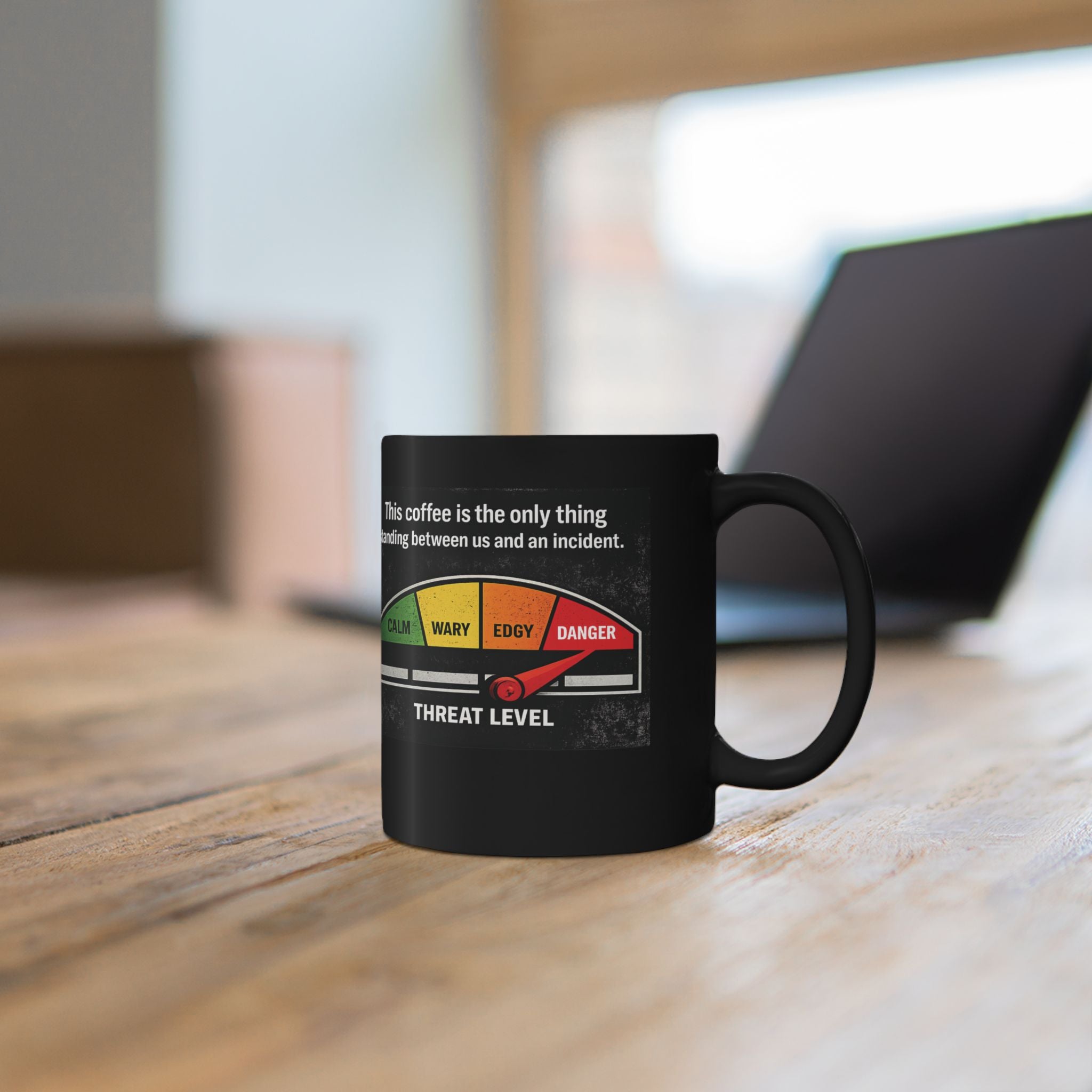 Coffee Threat Level Gauge Mug | Funny Black Ceramic Coffee Cup - Mutantur Labs LLC