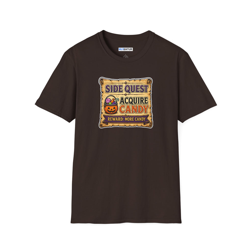 A Brown  short-sleeve crewneck t-shirt featuring a colorful graphic on the chest that reads 'SIDE QUEST TO ACQUIRE CANDY REWARD: MORE CANDY' with a jack-o'-lantern illustration.