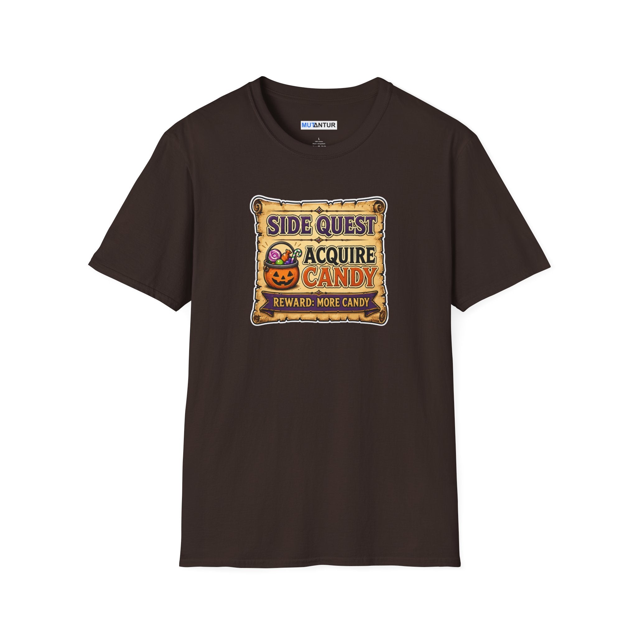 A Brown  short-sleeve crewneck t-shirt featuring a colorful graphic on the chest that reads 'SIDE QUEST TO ACQUIRE CANDY REWARD: MORE CANDY' with a jack-o'-lantern illustration.
