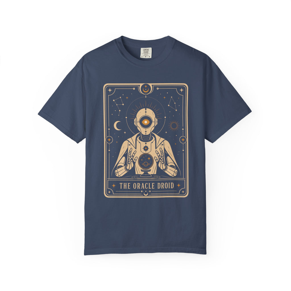 Oracle Droid Tarot T‑Shirt — Retro Sci‑Fi Tarot Robot Graphic Comfort Colors Tee - Mutantur Labs LLC