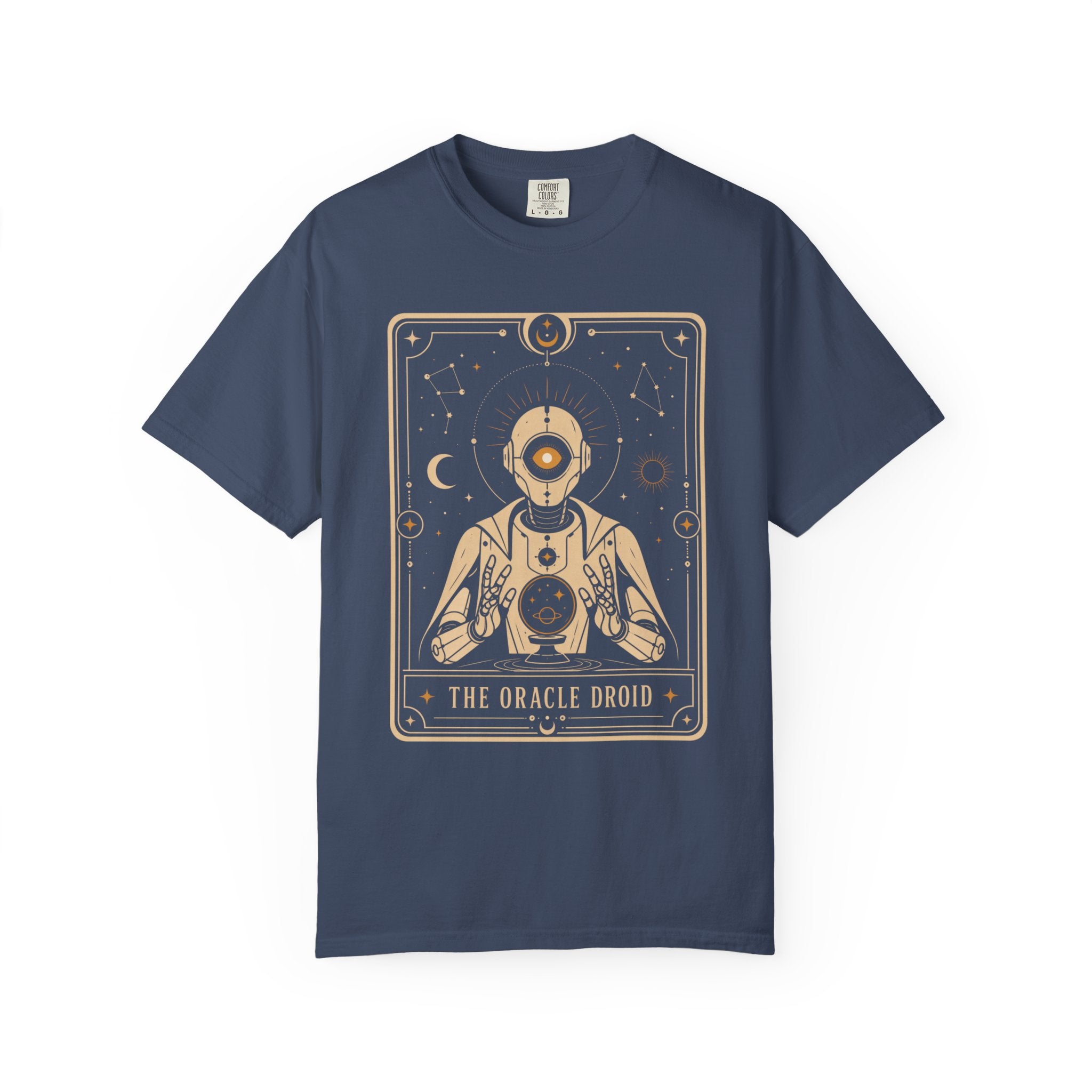 Oracle Droid Tarot T‑Shirt — Retro Sci‑Fi Tarot Robot Graphic Comfort Colors Tee - Mutantur Labs LLC