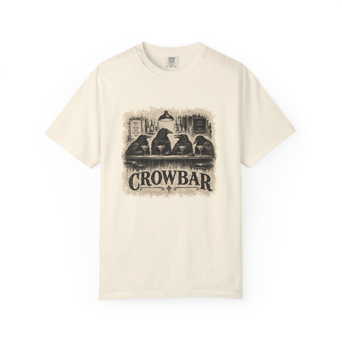 An off-white short-sleeve crewneck t-shirt featuring a vintage-style sepia graphic of four crows sitting at a bar with the word 'CROWBAR' printed below, displayed on a clean white background.