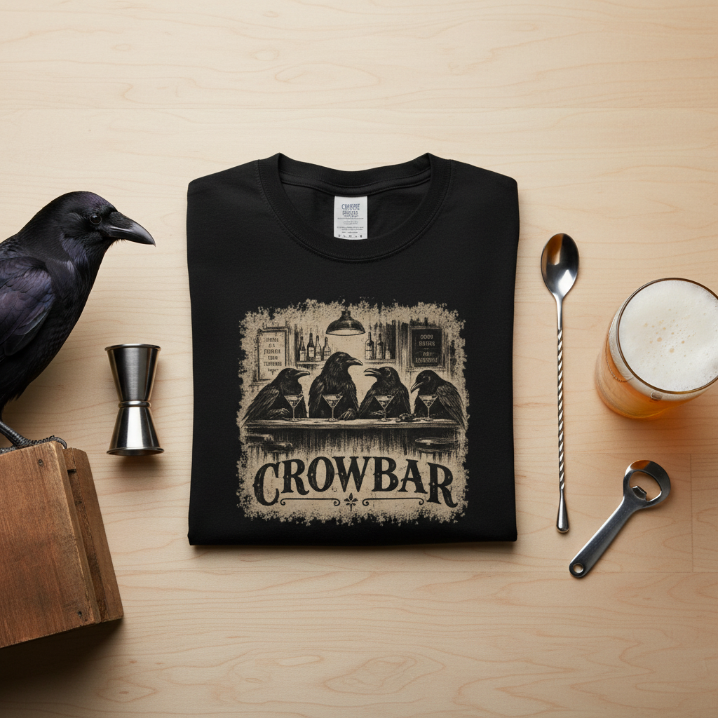 A black crewneck t-shirt with a distressed graphic of four crows at a bar labeled 'CROWBAR', styled in a flat lay on a light wood background with a raven, a jigger, a spoon, a bottle opener, and a glass of beer.
