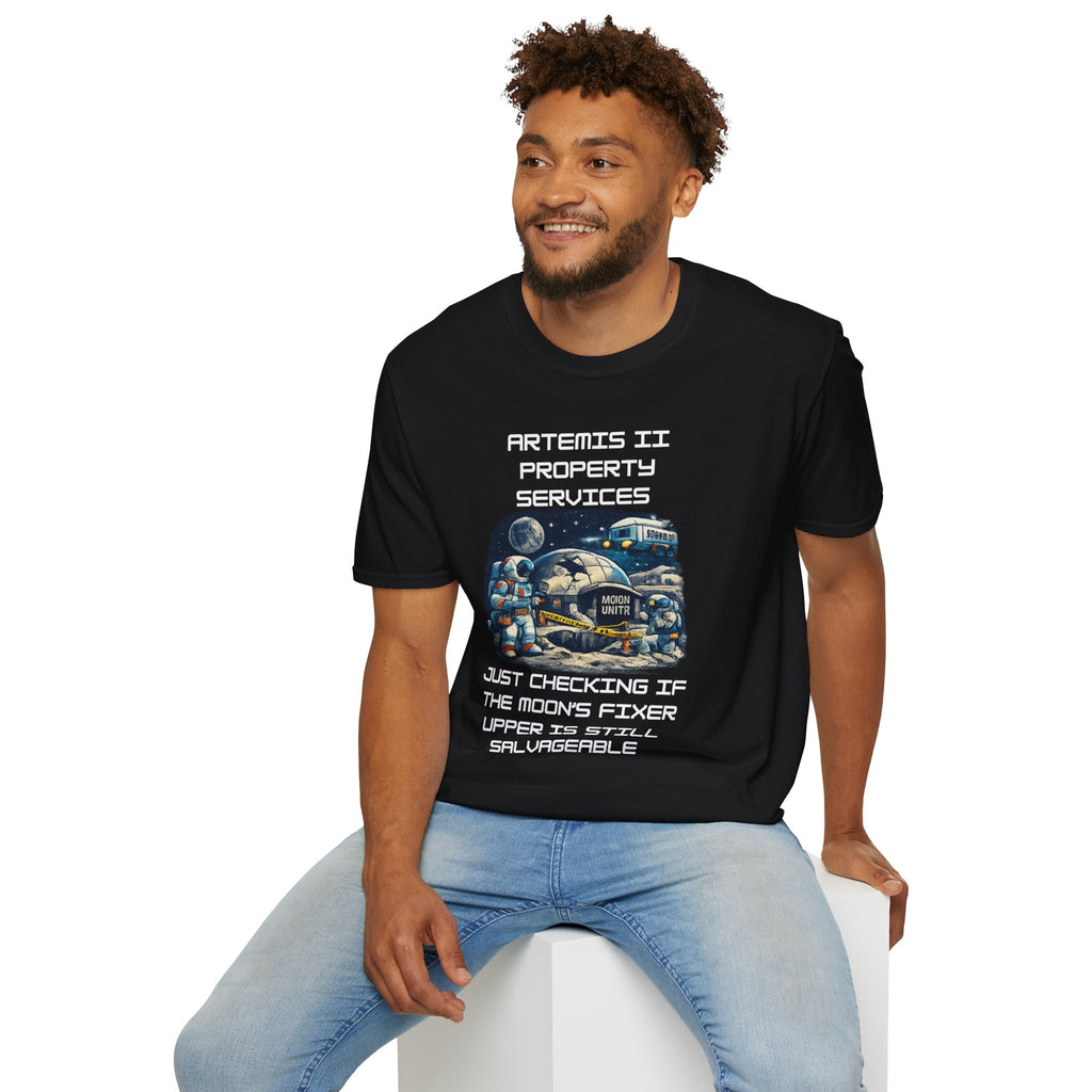Moonbase Property Services T-Shirt — 'Artemis II Property Services' Space Repair Crew funny Tee - Mutantur Labs LLC
