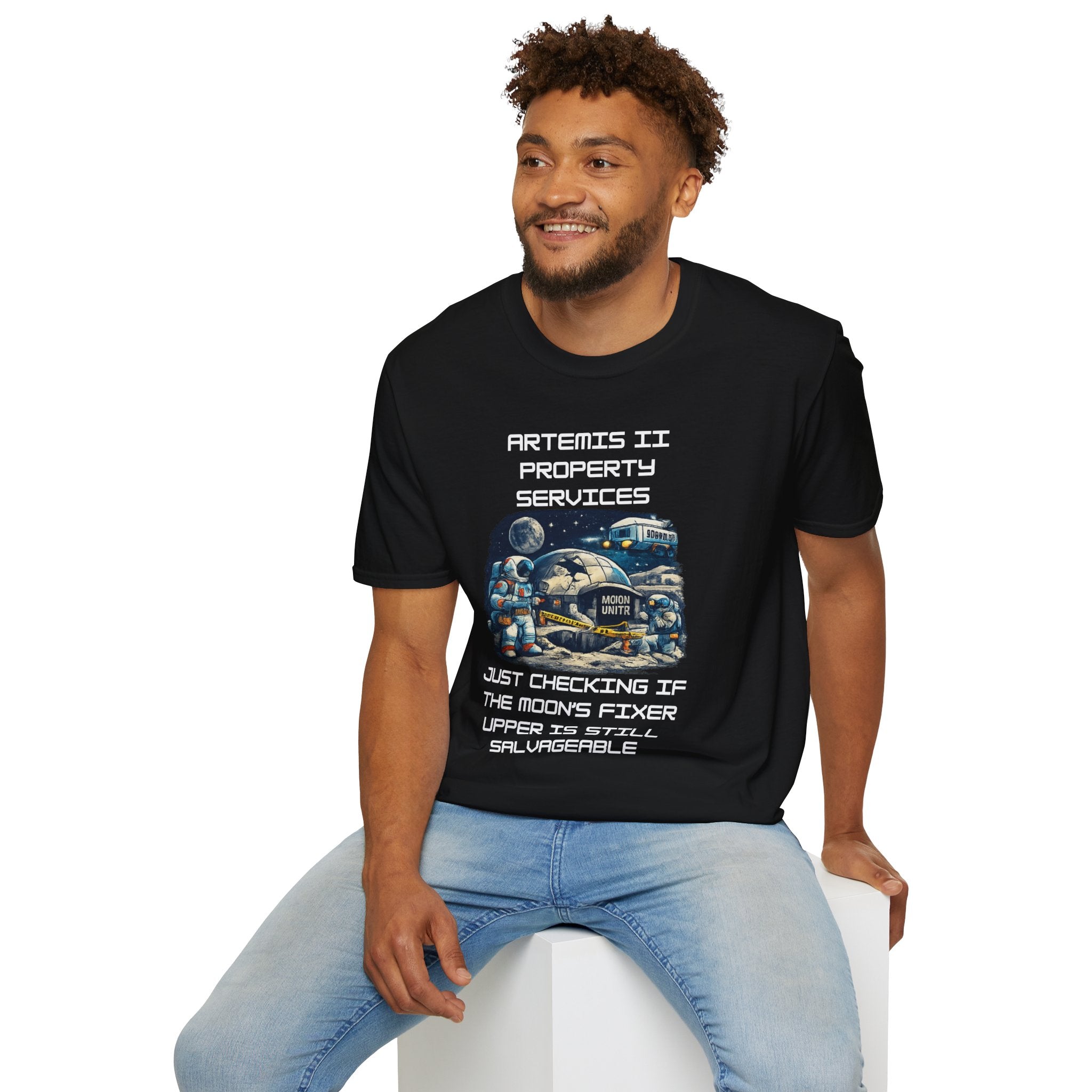 Moonbase Property Services T-Shirt — 'Artemis II Property Services' Space Repair Crew funny Tee - Mutantur Labs LLC