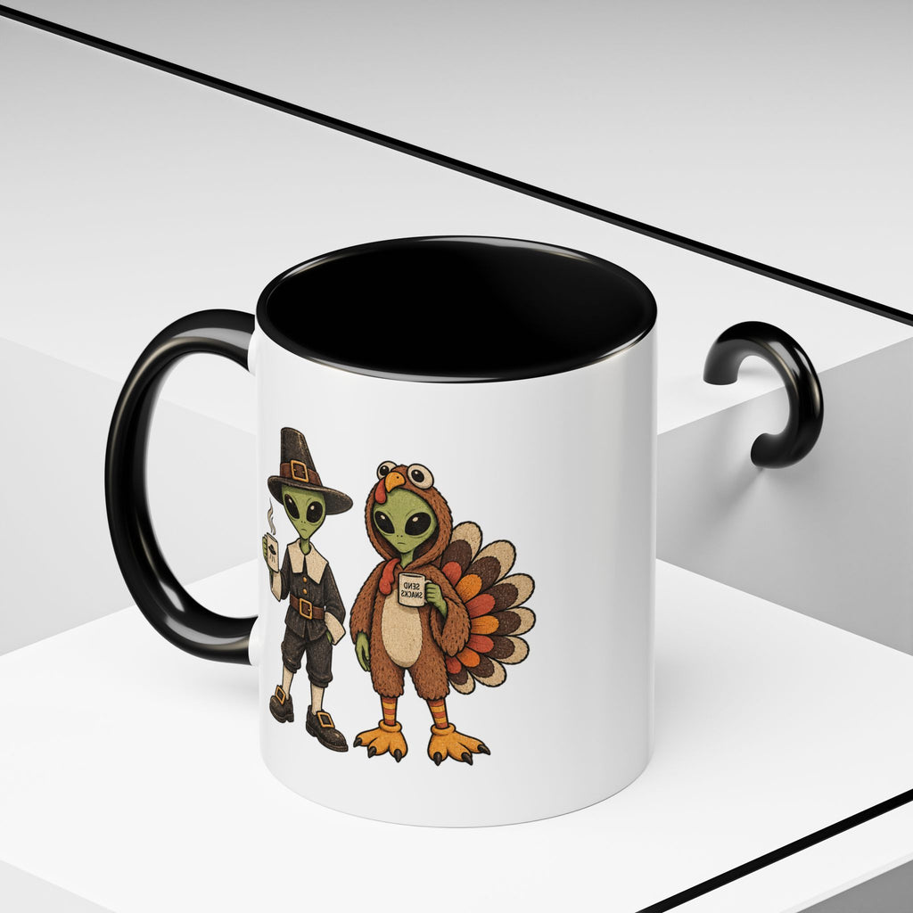 Thankful Aliens Thanksgiving Coffee Mug — Cute Turkey & Pilgrim Alien 11oz Accent Mug