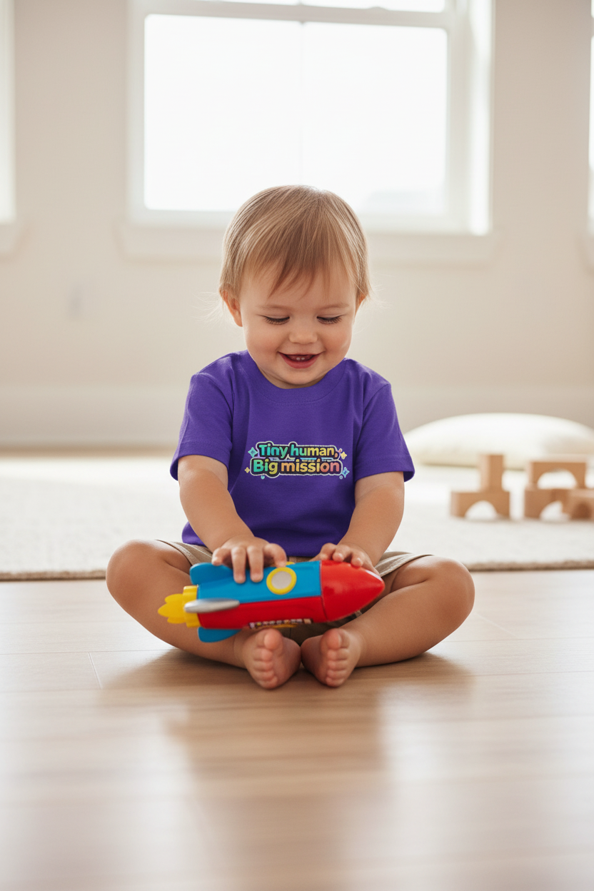 Tiny Human Big Mission Toddler T-Shirt — Colorful Sci-Fi Kids Graphic Tee