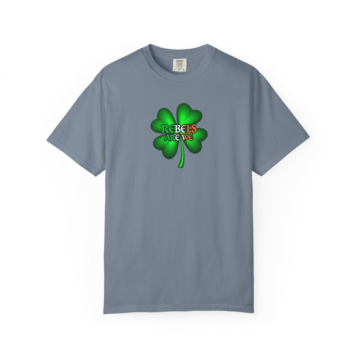 a slate blue short-sleeve crewneck t-shirt featuring a green four-leaf clover graphic on the chest with the text 'REBELS ARE WE' in red, orange, and yellow.