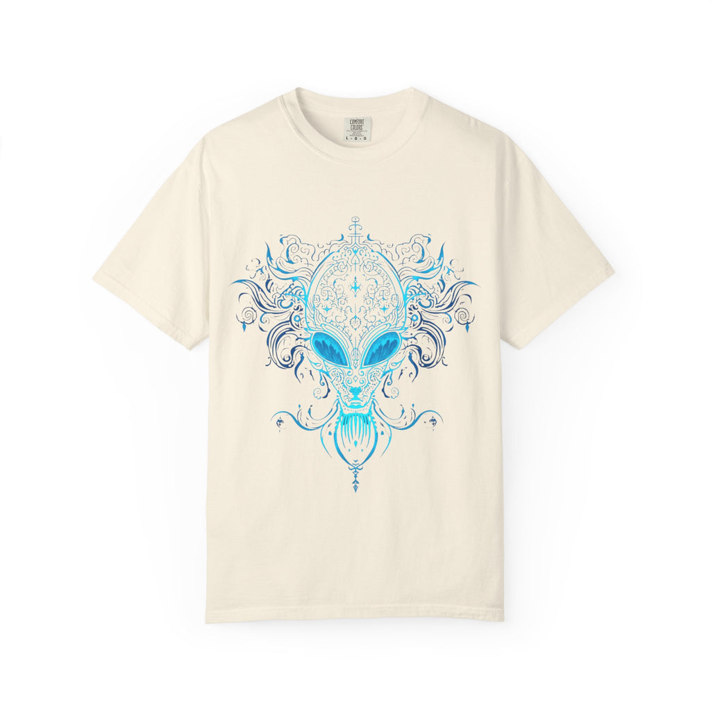 Ornate Blue Alien Mask T-Shirt | Chinoiserie Mystical Graphic Tee - Mutantur Labs LLC