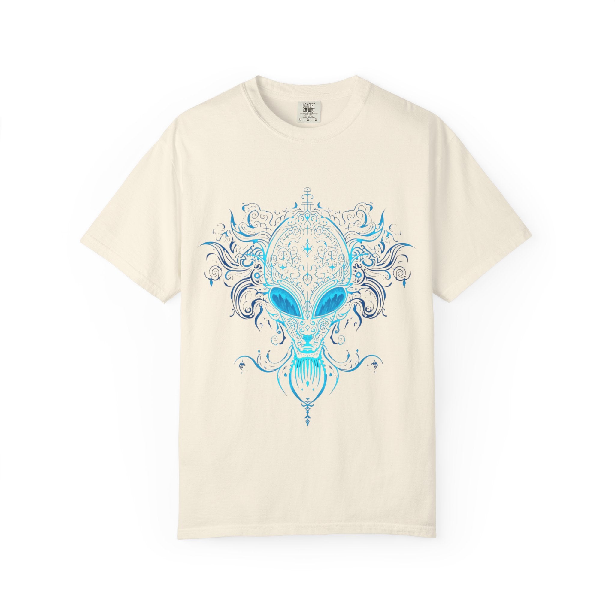Ornate Blue Alien Mask T-Shirt | Chinoiserie Mystical Graphic Tee - Mutantur Labs LLC