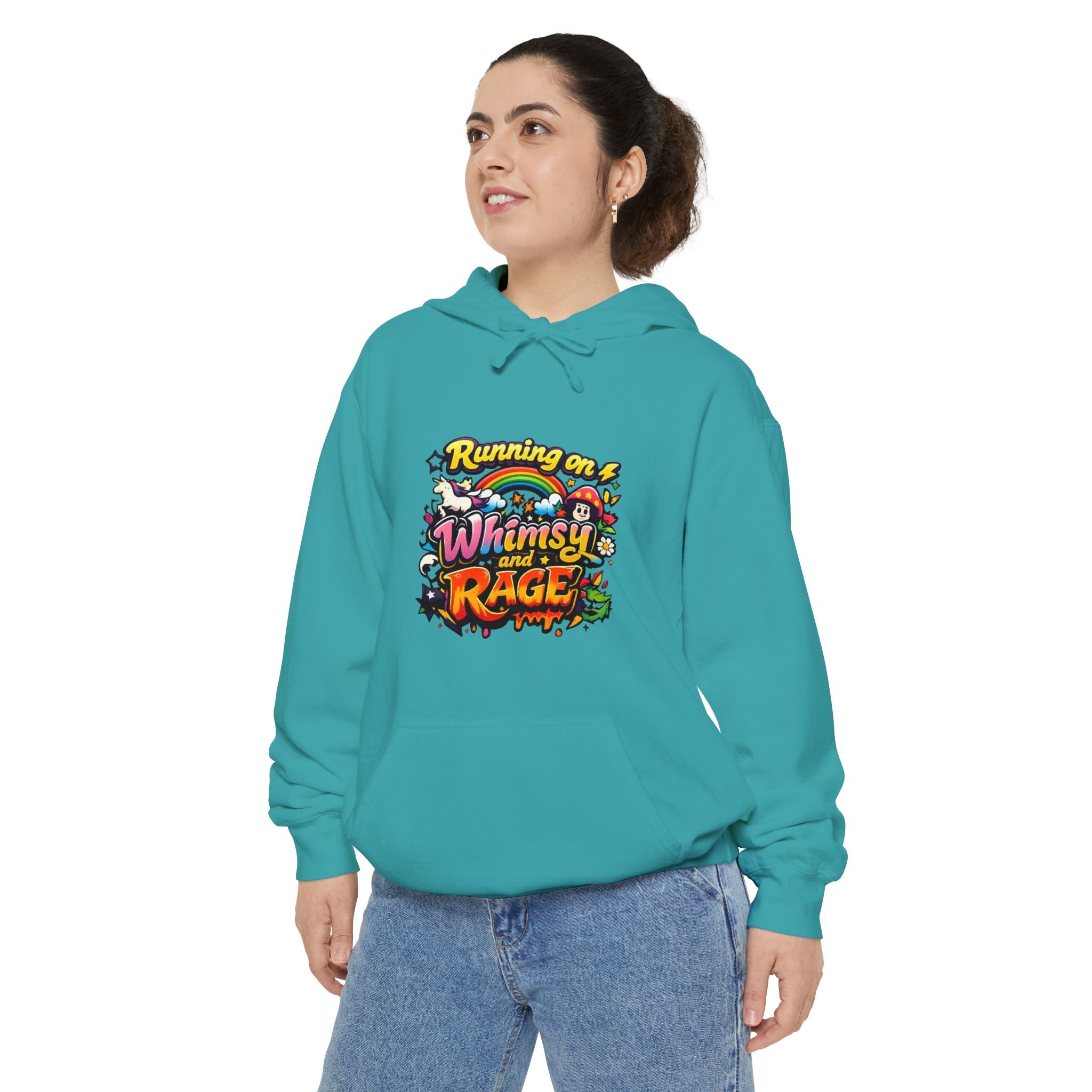 Hoodie — "Running on a Whimsy and Rage" Colorful Graphic Pullover