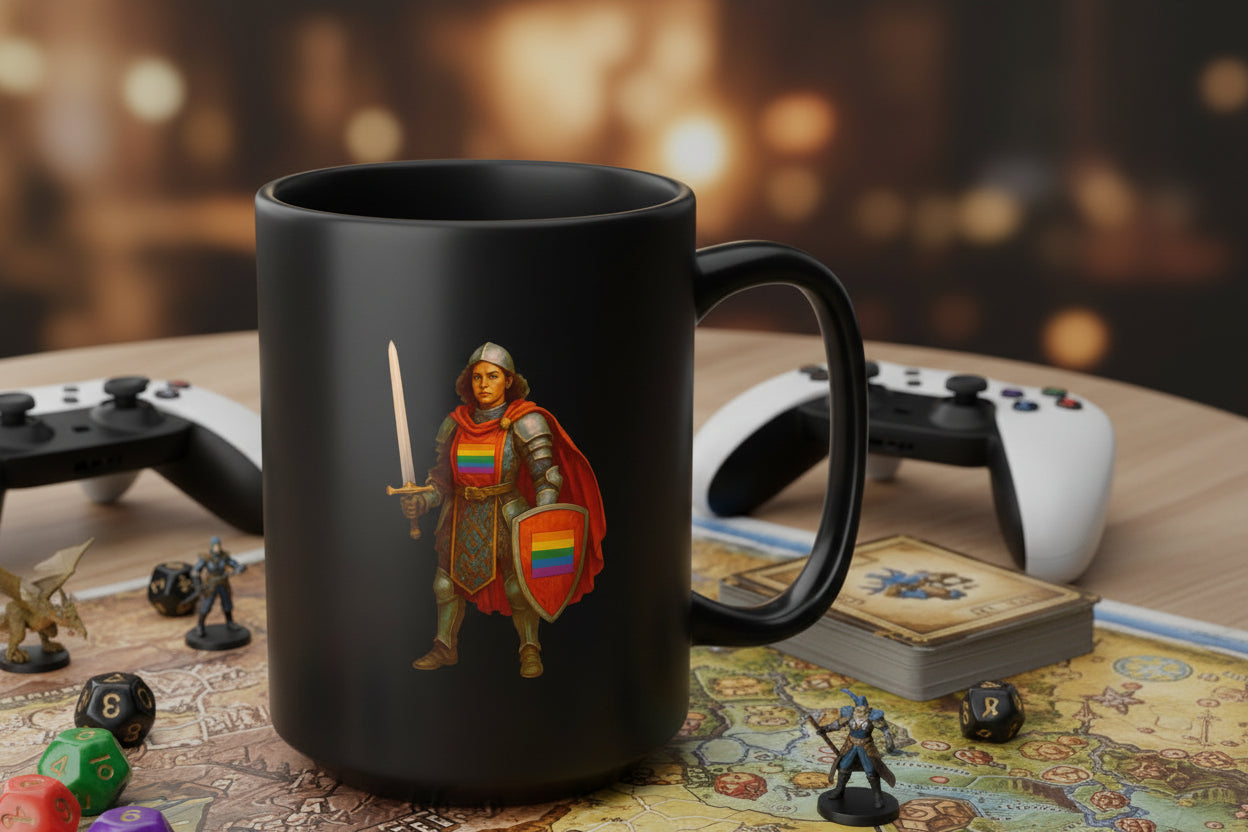 Rainbow Paladin Mug — Black Ceramic Mug with Pride Shield and Cape - Mutantur Labs LLC