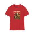 A red short-sleeve crewneck t-shirt featuring a retro graphic of a robot holding a mug with 'PUMPKIN SPICE' and 'PROTOCOL ACTIVATED' text, displayed on a clean white background.