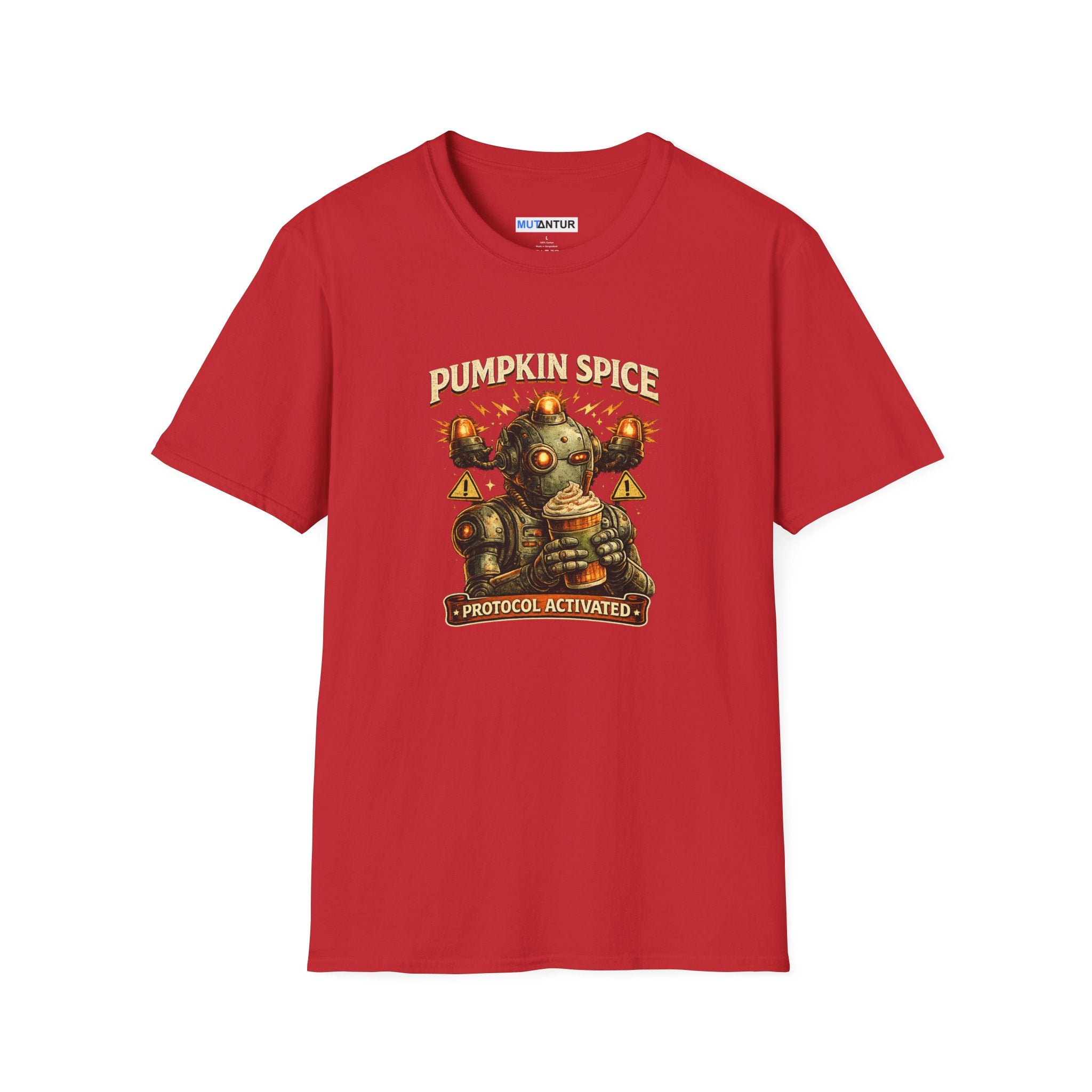 A red short-sleeve crewneck t-shirt featuring a retro graphic of a robot holding a mug with 'PUMPKIN SPICE' and 'PROTOCOL ACTIVATED' text, displayed on a clean white background.