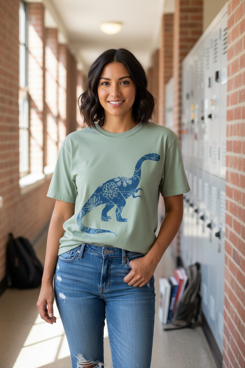 Blue Floral Dinosaur T-Shirt | Chinoiserie Brontosaurus Graphic Comfort Colors Tee