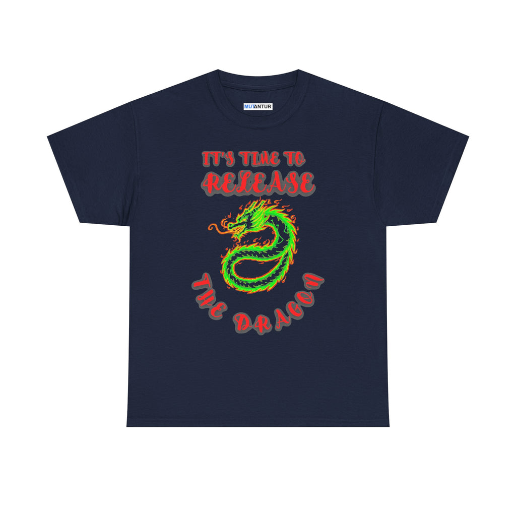 It's Time to Release the Dragon green fire dragon graphic t-shirt in navy, front view