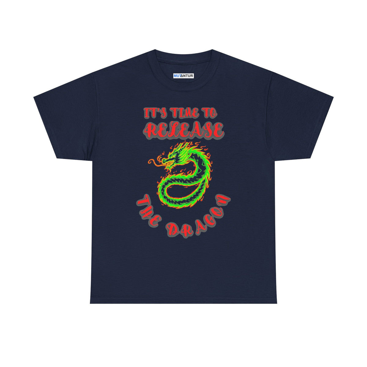 It's Time to Release the Dragon green fire dragon graphic t-shirt in navy, front view