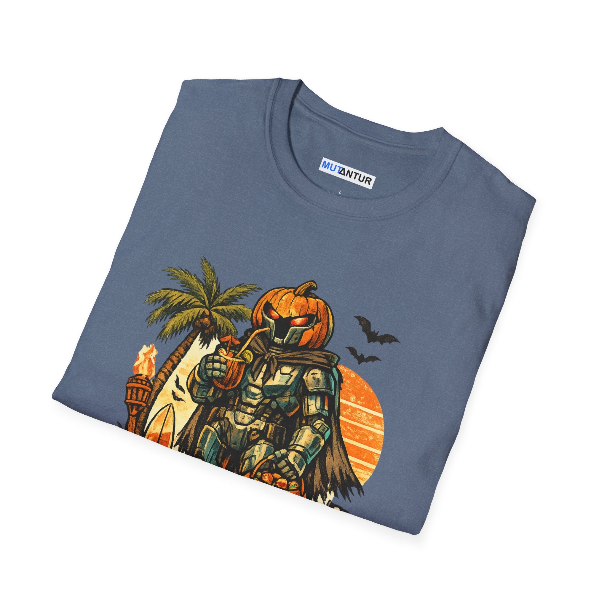 Summerween Beach Robot T-Shirt — Pumpkin-Head Robot Surfing Sunset Tee - Mutantur Labs LLC