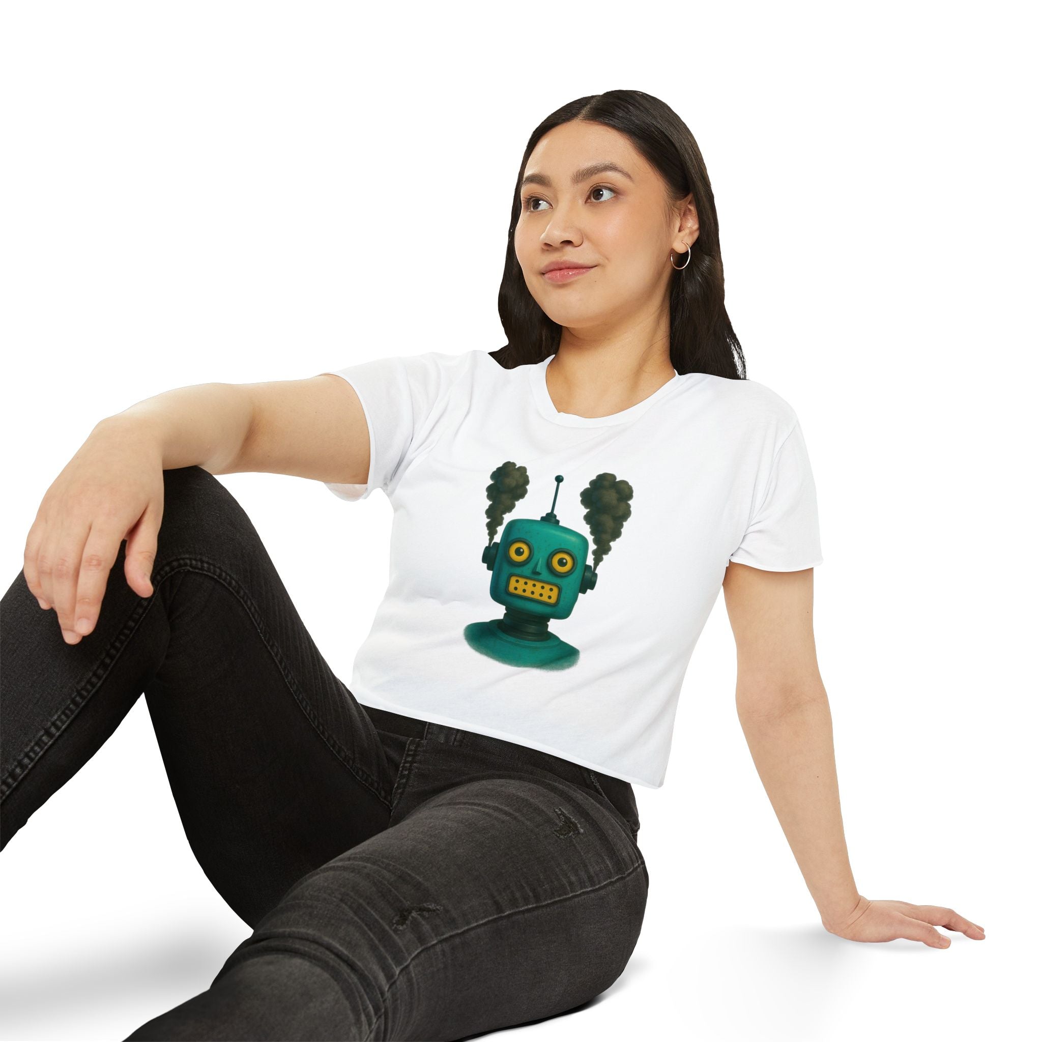 Retro Steampunk Robot Crop Top – Green Sci-Fi Graphic Top - Mutantur Labs LLC