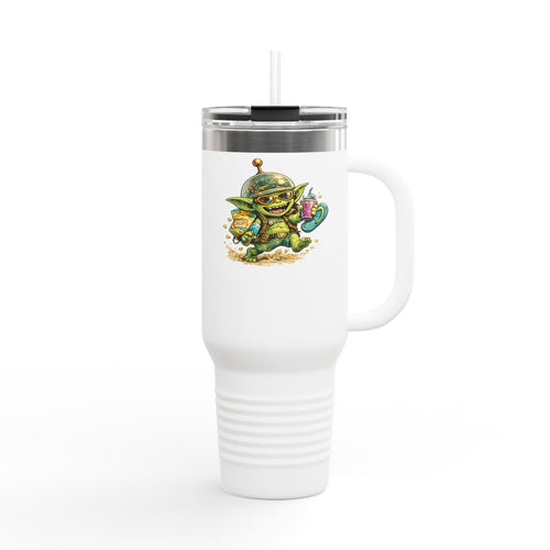 White travel mug with a green alien design on a white background