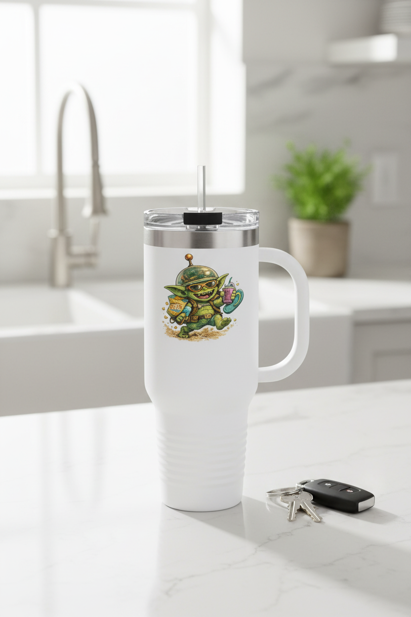 White travel mug with a green alien design on a white background