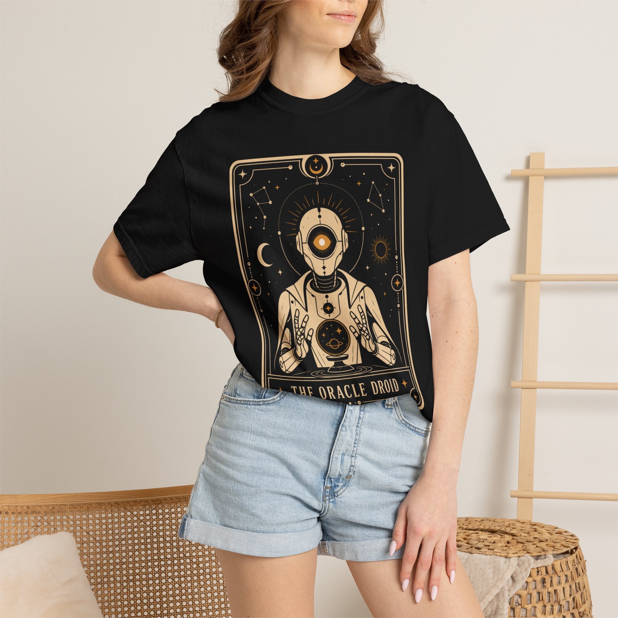 Oracle Droid Tarot T‑Shirt — Retro Sci‑Fi Tarot Robot Graphic Comfort Colors Tee - Mutantur Labs LLC