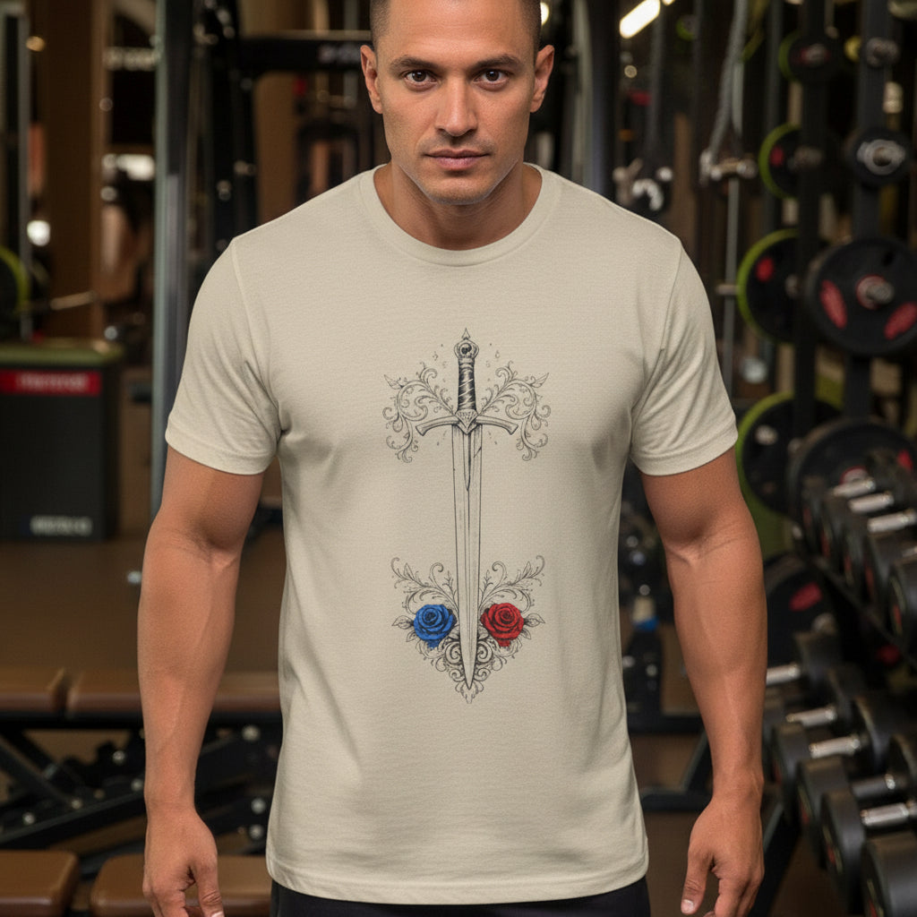 Sword and Roses Graphic Tee — Gothic Floral Sword T‑Shirt (Red & Blue Roses) - Mutantur Labs LLC
