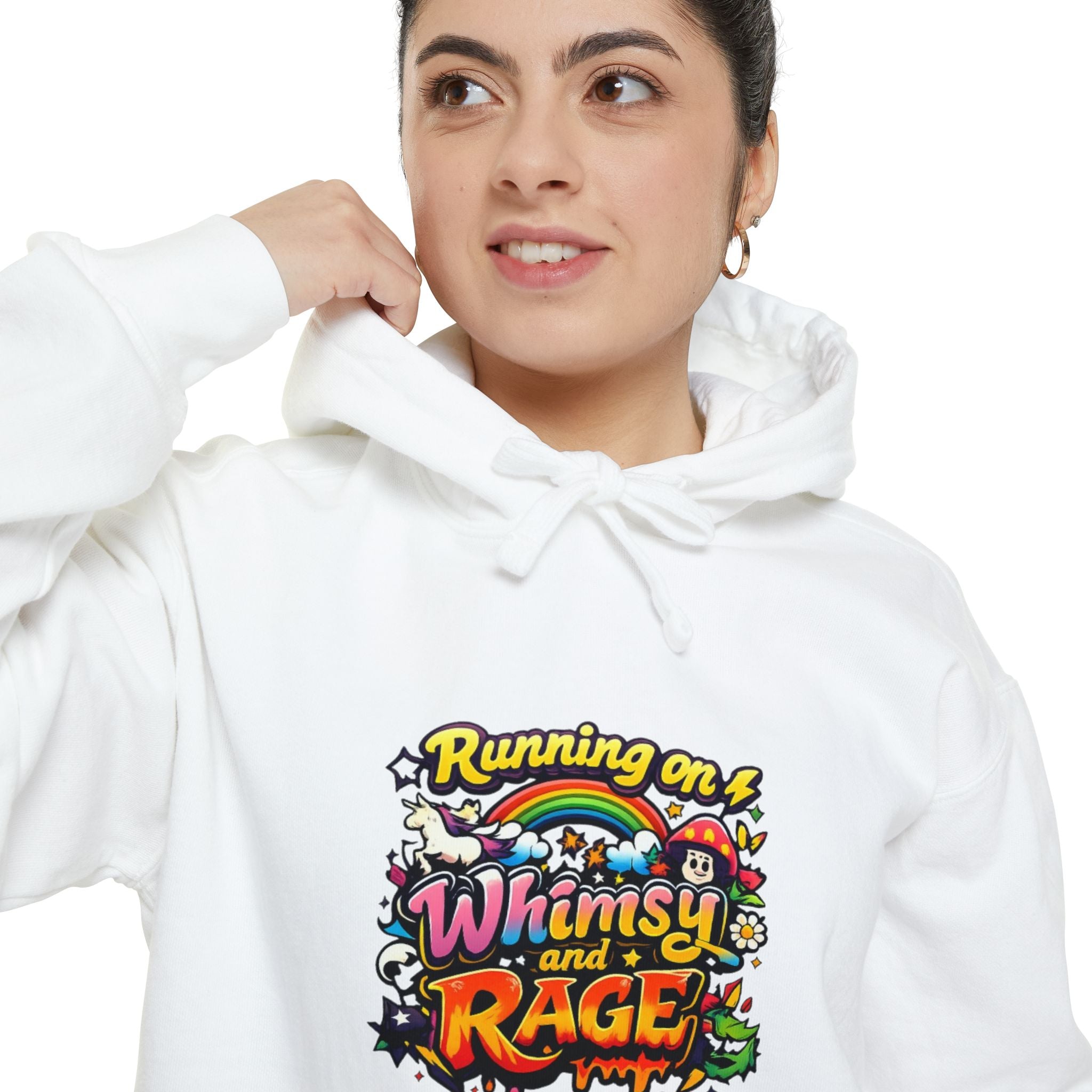 Hoodie — "Running on a Whimsy and Rage" Colorful Graphic Pullover