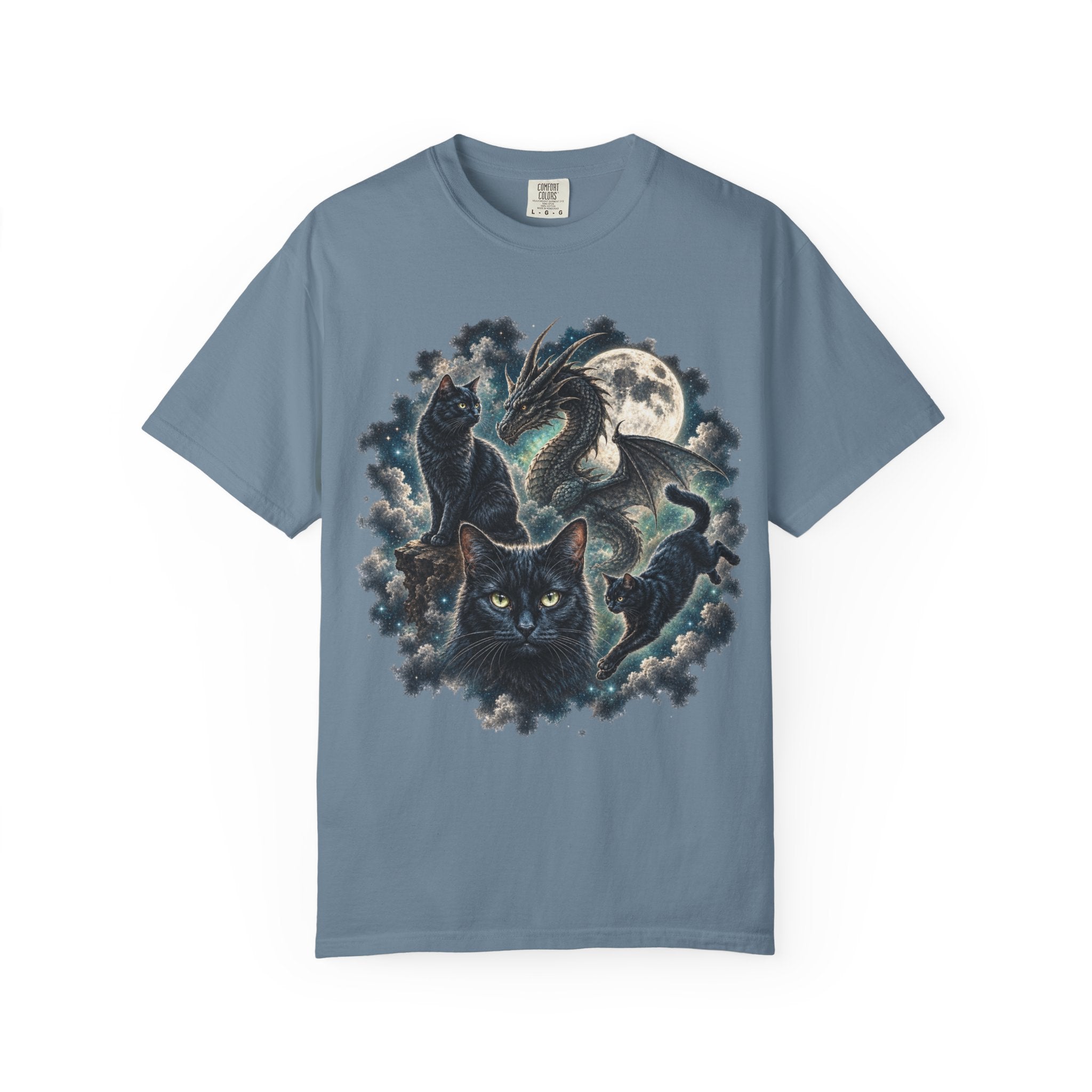 A dusty blue crewneck t-shirt featuring a detailed graphic print of a black cat and a dragon amidst dark clouds and a full moon.