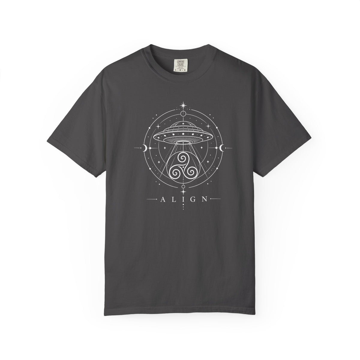 Gray crew neck  t-shirt with a white line design of a flying saucer with an Irisk triskele below and the words ' ALIGN' against a white background